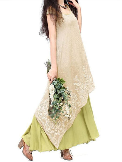 Embroidered Cropped Ramie Cotton Long Dress
