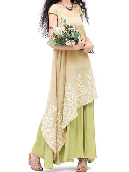 Embroidered Cropped Ramie Cotton Long Dress