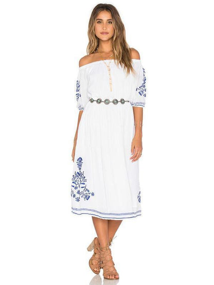 Elegant Inwrought Bohemia Short Sleeve Off-Shoulder Beach Midi Dress