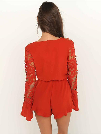Lace Split Joint V Neck Bandage Romper