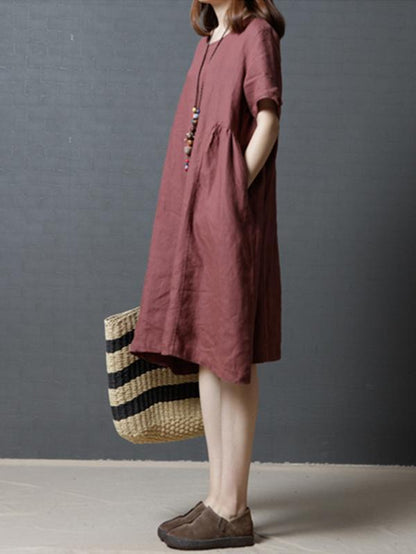 Casual Three-quarters Sleeves Short Cotton Dress, Three Colors