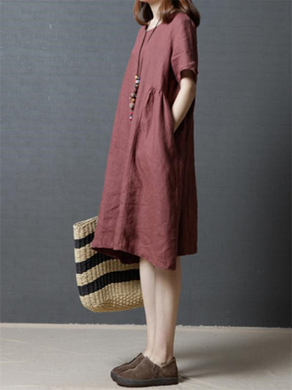 3 Solid Colors Fashionable Ramie Cotton Short Dress