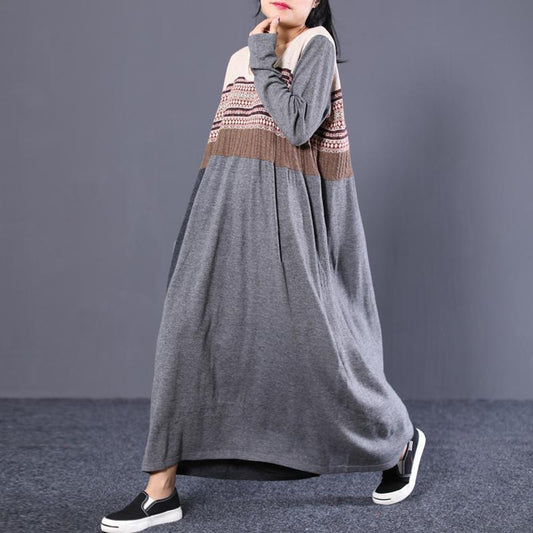 Women Striped Grey Maxi Cotton Sweater Dress