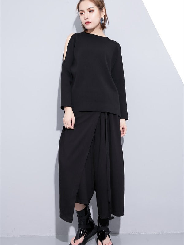 BLACK LOOSE CASUAL PANTS LACE-UP WIDE LEG PANTS