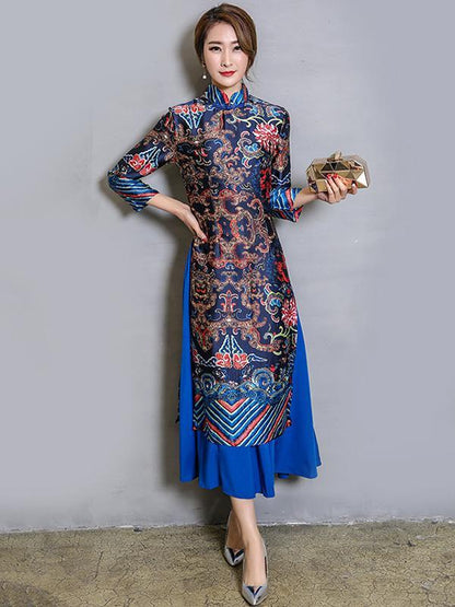 Original Long Dress in Blue Color with Floral Print
