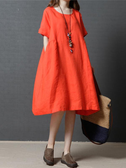 Casual Three-quarters Sleeves Short Cotton Dress, Three Colors