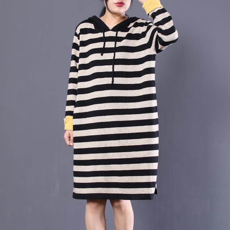 Women Cotton Hooded Striped Black Gray Sweater Dress
