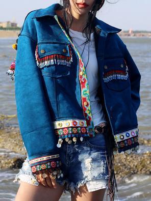 Beautiful Blue Embroidered Stand Collar National Style Jacket Tops