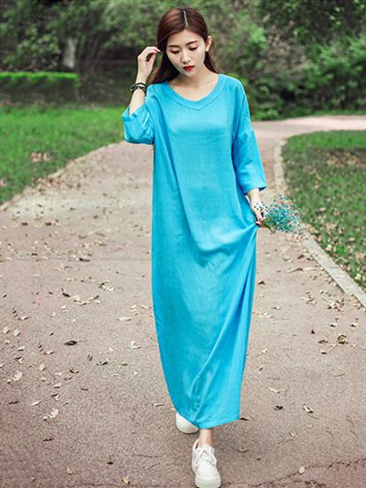 Red&Sky-blue&Pink Ramie Cotton Dress