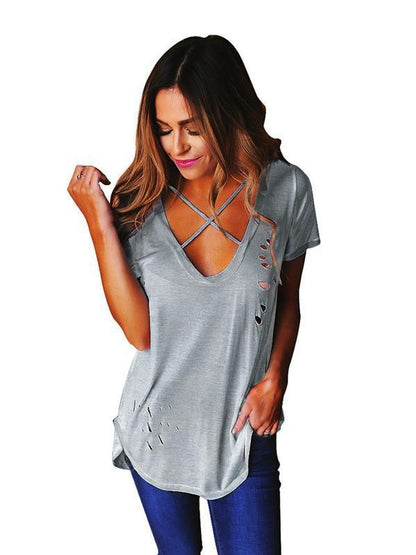 Sexy Short Sleeve V Neck with Small Holes T-Shirt Tops
