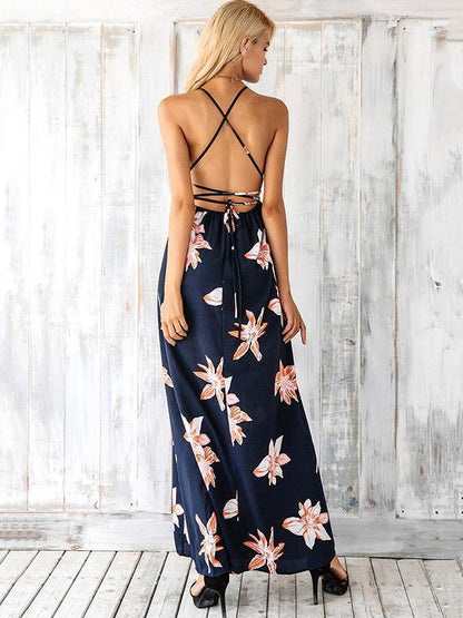 Printed Backless Split-side Maxi Dress