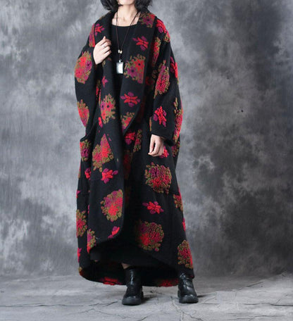 Plus Size Women Woolen Overcoat Winter Retro Long Sleeve Coat