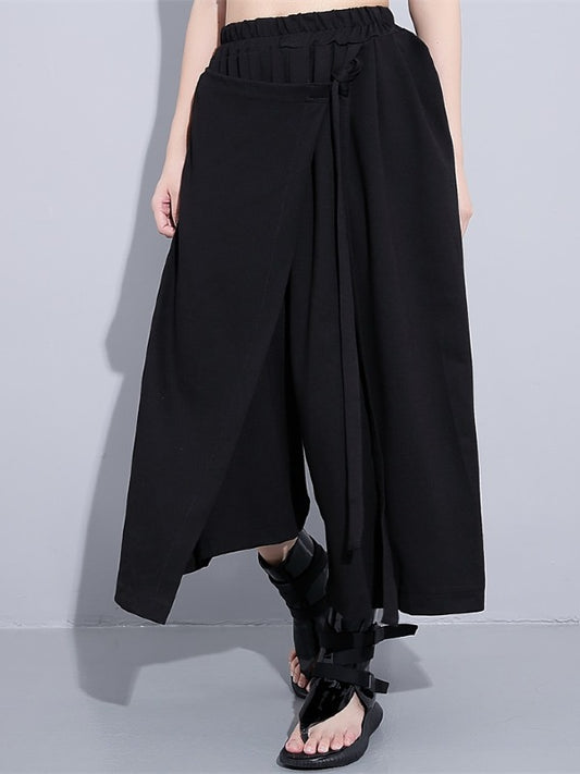 BLACK LOOSE CASUAL PANTS LACE-UP WIDE LEG PANTS