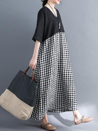 Woman Daily Cotton Long Dress in Black and White Color