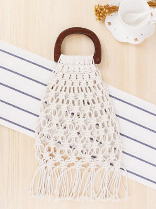 Fishing Net Wooden Handle Tasseled Tote Bag