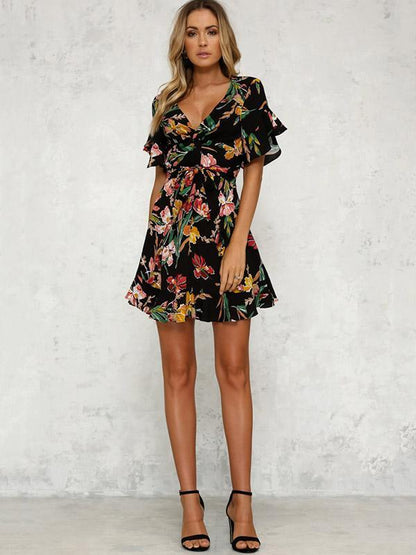 Floral Printed Falbala Belted Mini Dress