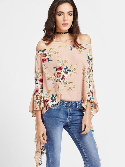 Popular Fashion Floral-Print Off-Shoulder Long Sleeve T-Shirts Tops