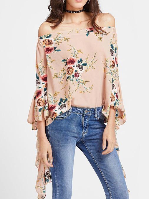 Popular Fashion Floral-Print Off-Shoulder Long Sleeve T-Shirts Tops