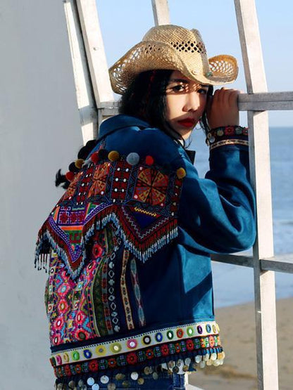 Beautiful Blue Embroidered Stand Collar National Style Jacket Tops