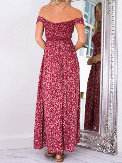 Beautiful Polka-dot Off Shoulder Side Split Maxi Dress