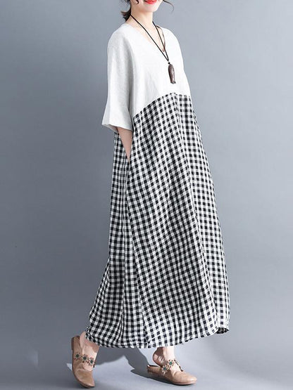Woman Daily Cotton Long Dress in Black and White Color