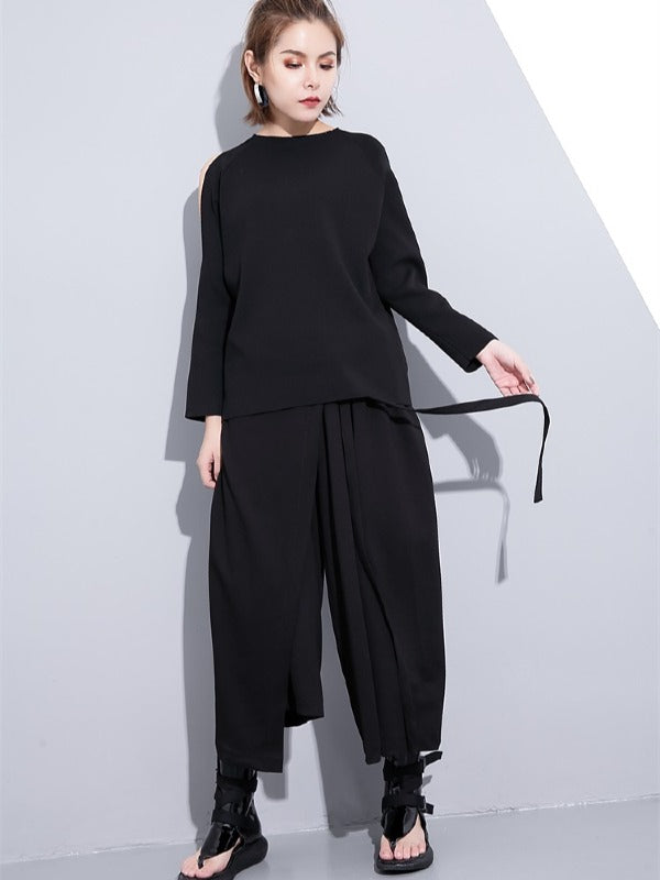 BLACK LOOSE CASUAL PANTS LACE-UP WIDE LEG PANTS