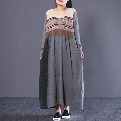 Women Striped Grey Maxi Cotton Sweater Dress
