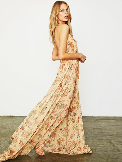 Floral Backless Condole Belt Maxi Dress