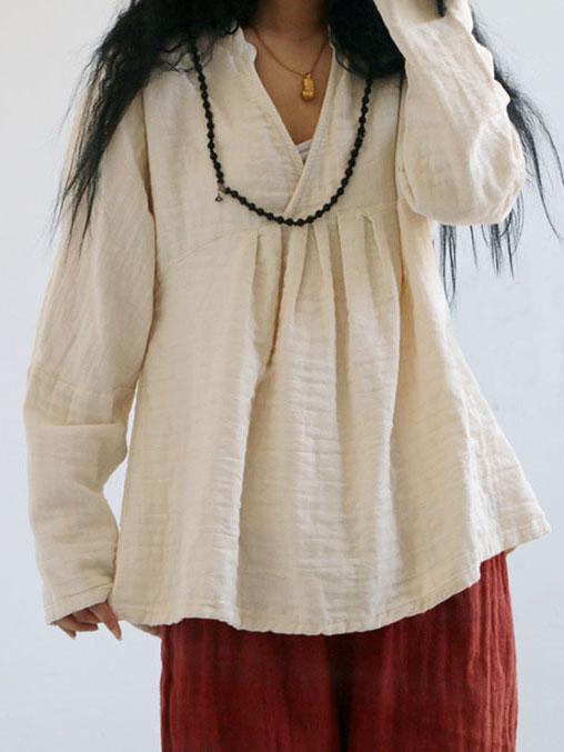 Linen Cotton V-neck Fold Blouse
