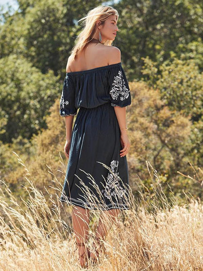 Elegant Inwrought Bohemia Short Sleeve Off-Shoulder Beach Midi Dress