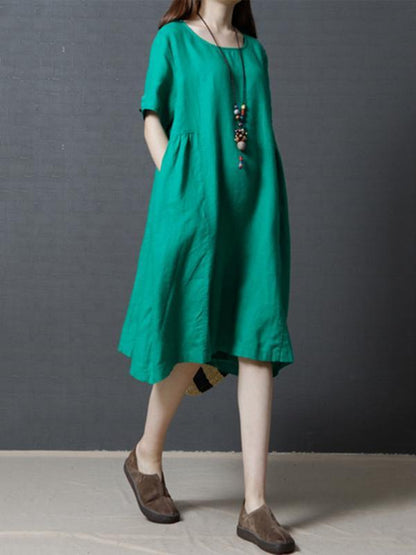 Casual Three-quarters Sleeves Short Cotton Dress, Three Colors