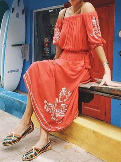 Elegant Inwrought Bohemia Short Sleeve Off-Shoulder Beach Midi Dress