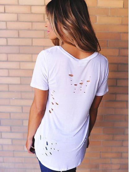 Sexy Short Sleeve V Neck with Small Holes T-Shirt Tops
