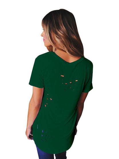 Sexy Short Sleeve V Neck with Small Holes T-Shirt Tops