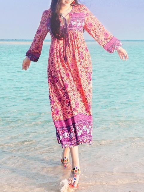 Pink Floral Long Sleeves Maxi Beach Bohemia Dress