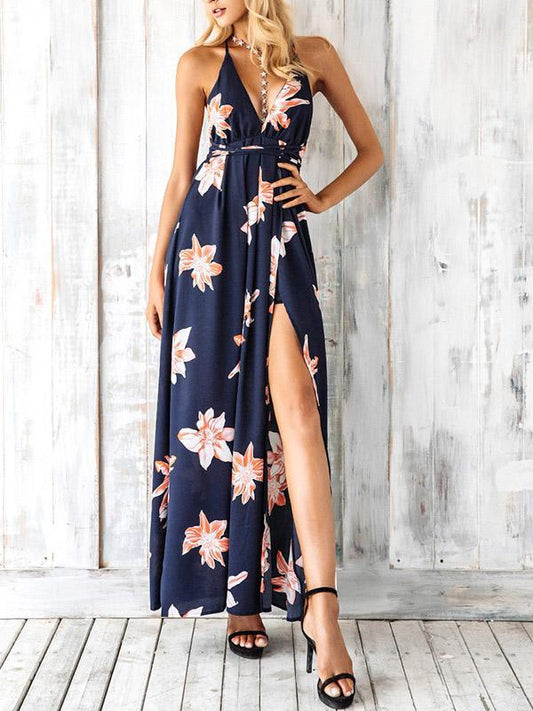Printed Backless Split-side Maxi Dress