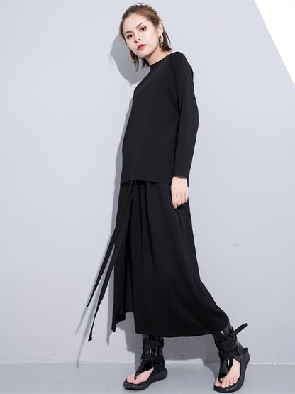BLACK LOOSE CASUAL PANTS LACE-UP WIDE LEG PANTS