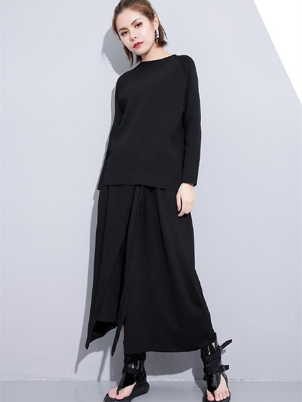 BLACK LOOSE CASUAL PANTS LACE-UP WIDE LEG PANTS