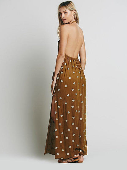 Emboridery Split-side Halterneck Backless Maxi Dress