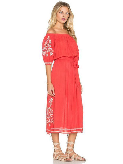 Elegant Inwrought Bohemia Short Sleeve Off-Shoulder Beach Midi Dress