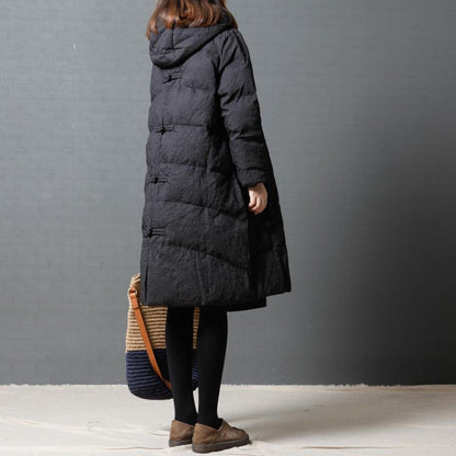 Women Autumn Winter Hooded Quilted Chinese Frogs Long Coat