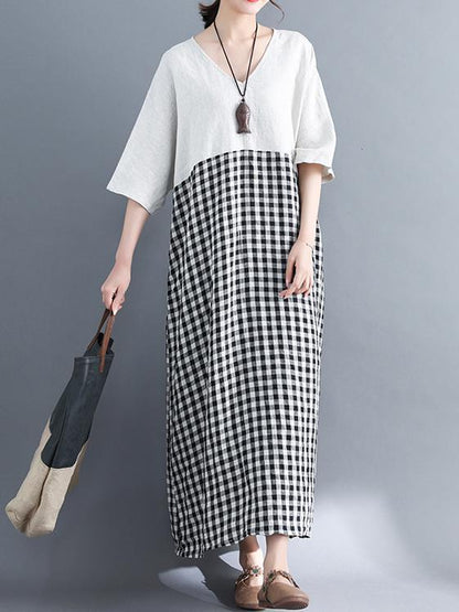 Woman Daily Cotton Long Dress in Black and White Color