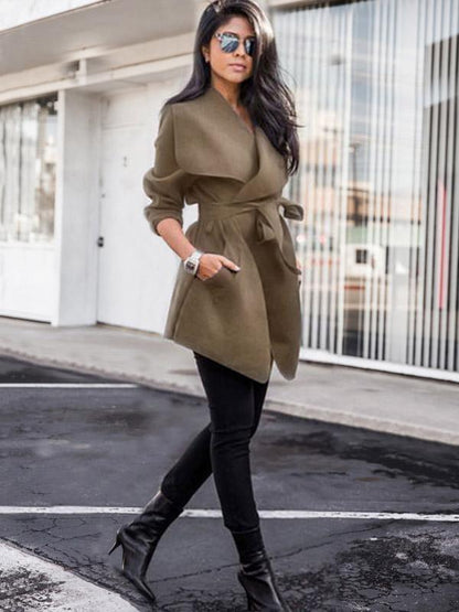 Solid Color Lapel Collar Belted Coat Tops