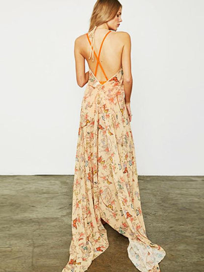 Floral Backless Condole Belt Maxi Dress
