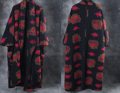 Plus Size Women Woolen Overcoat Winter Retro Long Sleeve Coat