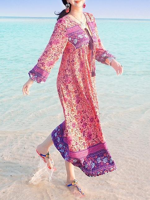Pink Floral Long Sleeves Maxi Beach Bohemia Dress
