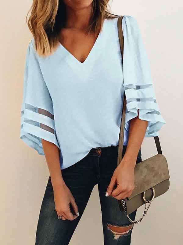V-neck Flared Sleeves Loose Blouses&shirts Tops
