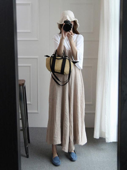 Loosen Cotton Casual Jumpsuit Pants in Beige or Navy-Blue Color