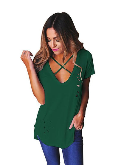 Sexy Short Sleeve V Neck with Small Holes T-Shirt Tops