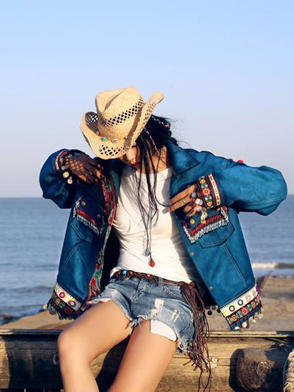 Beautiful Blue Embroidered Stand Collar National Style Jacket Tops
